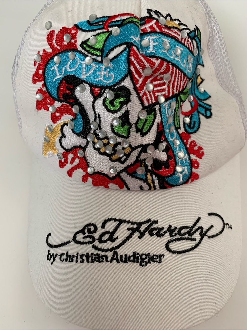 Ed Hardy Unisex Adult White Skull Cap Turquoise & Red Embroidery Rhinestones
